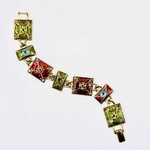 Vintage Gold Tone Red & Green Enamel & Rhinestone Station Bracelet 7.5”